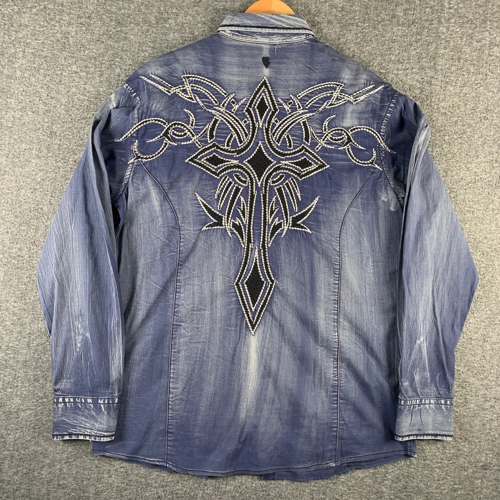 Roar Shirt Men Large Embroidered Cross Y2K Spandex Cotton Button Up